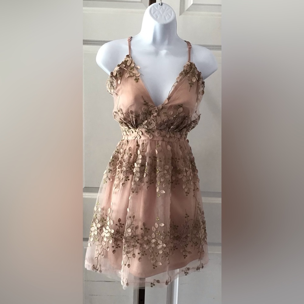 Iris Elegant Dusty Rose Sheer Dress with Gold Floral Accents